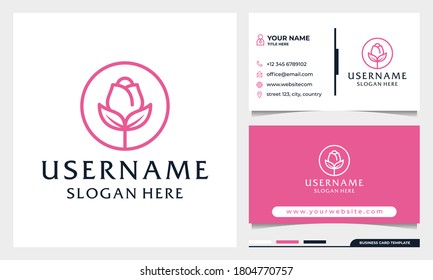 Diseño del logotipo de la flor Circle Rose, diseño del spa de belleza o logotipo de cosméticos con plantilla de tarjeta de visita
