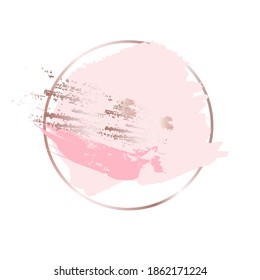 Marco de oro de la rosa circular con fondo de pintura salpicada rosa, plantilla de banners de trazos de pincel. EPS10 de ilustración vectorial