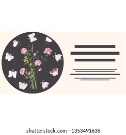 Circle with roses and butterflies for text. Flat style card template with copy space. Greeting card, poster design element. Vector Illustration.
