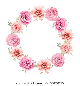 Circle roses frame, wreath flowers template isolated on white