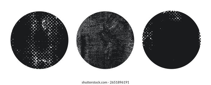 Circle with rough grunge texture. Black round shape. Frame for design. Texture overlay. Dirty round background. Stamp, sticker vector. 