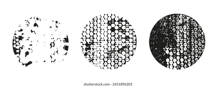 Circle with rough grunge texture. Black round shape. Frame for design. Texture overlay. Dirty round background. Stamp, sticker vector. 