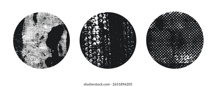Círculo con textura grunge áspera. Forma redonda negra. Marco para el diseño. Superposición de textura. Sucio fondo redondo. Sello, Vector adhesivo. 