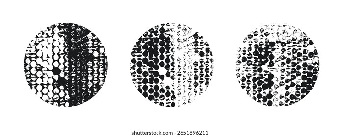 Círculo con textura grunge áspera. Forma redonda negra. Marco para el diseño. Superposición de textura. Sucio fondo redondo. Sello, Vector adhesivo. 