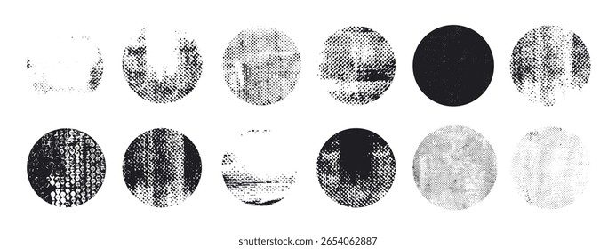 Circle with rough grunge texture. Black round shape. Frame for design. Texture overlay. Dirty round background. Stamp, sticker vector.