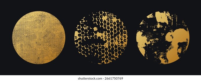 Círculo com textura grunge áspera. Forma redonda de gradiente dourado. Quadro para design. Sobreposição de textura. Fundo redondo sujo. Carimbo, adesivo vetor. 