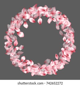 Circle round border of flying petals isolated on grey invitation background, flower parts wedding decorative frame. Pink blossom elements, flower petals valentines day background border.