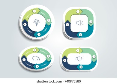 Circle, round divided in four parts arrows. Template, scheme, diagram, chart, graph, presentation. Business concept with 4 steps, options, processes.