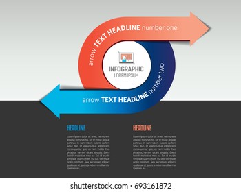 Circle, round divided in two arrows. Template, scheme, diagram, chart, graph, presentation. Business concept with 2 steps, options, processes.