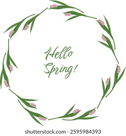 Circle round frame with hand drawn lilac tulips. Spring, 8 march background, blossom wreath