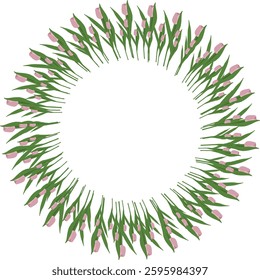 Circle round frame with hand drawn lilac tulips. Spring, 8 march background, blossom wreath