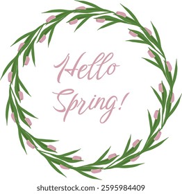Circle round frame with hand drawn lilac tulips. Hello spring wreath