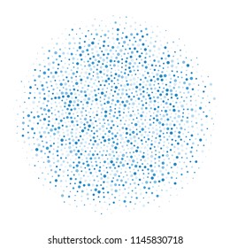 Circle round pattern of blue and gray dots. Vector abstract dotty splatter pattern on white background