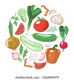 Circle, round shape filled with cut and whole vegetables - tomato cucumber bell pepper onion garlic leek parsley radish, textured vector illustration isolated on white background, decoration element