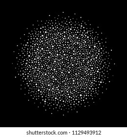 Circle, round shape made of uneven silver dots of various size, blobs, spots, specks, flecks, snowflakes. Steel, metallic template for borders, frames, design element. Abstract background, texture.