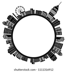 circle round world planet street panorama view silhouette town in black contour color isolated on white , skyscraper buildings houses , vector horizontal banner landscape cityckape travel concept