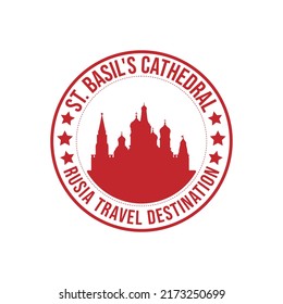 Circle rubber stamp with the st. basil's cathedral silhouette travel destination written inside the stamp. Russia historical architectures. Russia travel destination rubber stamp vector