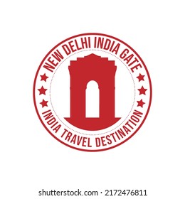 Circle rubber stamp with the text India Gate travel destination written inside the stamp. India historical building travel destination rubber stamp vector