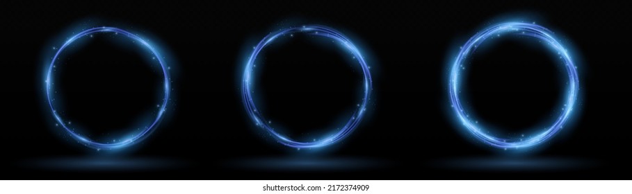 Circle with runes. Ethereal fire portal sign with strange flame spark. Decor elements blue light effect. Luminous trail effect on transparent background. magic circle.