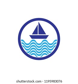 Circle with sail ship and sea wave logo