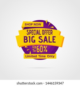 Circle sale banner template design, up to 60%. Simple purple yellow big sale banner template vector label shopping with flat style. Advertisement promotion banner for web. Vector
