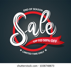 Circle Sale lettering banner with red ribbon for half price promotion advertising. Vector illustration.