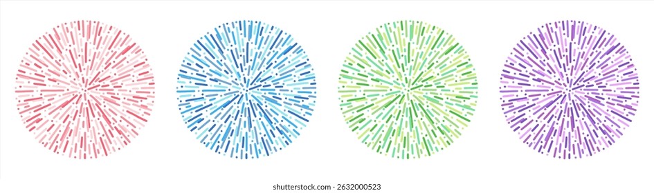 Círculo saudar fogo de artifício splash burst redondo radial colorido fundos padrões definidos. Linhas, traços minúsculos, rabiscar múltiplas listras pontos forma. Modelo de rótulo de borda de quadro de elemento de design gráfico abstrato