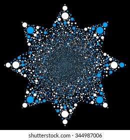 Circle Salute Flower vector illustration. Style is blue and white bicolor flat bubbles, black background.