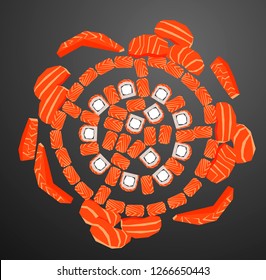 Circle sashimi and maki set - low polygonal cartoon style minimal slice of salmon and cheese in nori seaweed with rice. For design menu restaurant delivery, flyer, web background