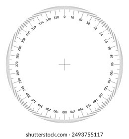 Escala circular de 0 grados a 360 grados con el centro. Vector.