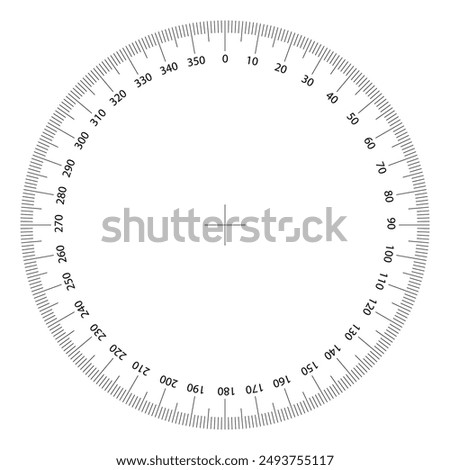 Circle scale from 0 degrees to 360 degrees with center. Vector.
