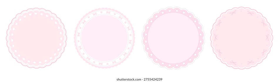 Circle scallop lace ornament frame set. Vintage round borders with heart, ribbon and dotted trim.