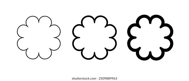 Circle scalloped frame. Scalloped edge round shape border. Simple label and sticker form. Flower silhouette lace frame. Vector illustration isolated on white background.