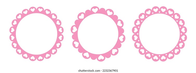 Circle scalloped frame with hearts. Scalloped edge round shape. Simple label sticker form. Flower silhouette lace frame. Cute vintage frill ornament. Vector illustration isolated on white background.