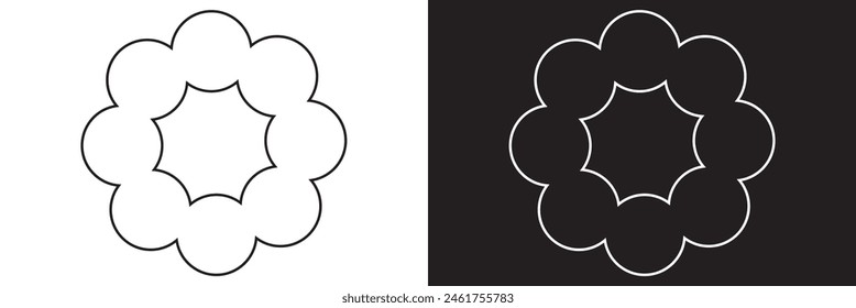Circle scalloped frames. Scalloped edge rectangle and ellipse shapes. Simple label and sticker form. Flower silhouette lace frame. Vector illustration isolated on white and black background. EPS 10
