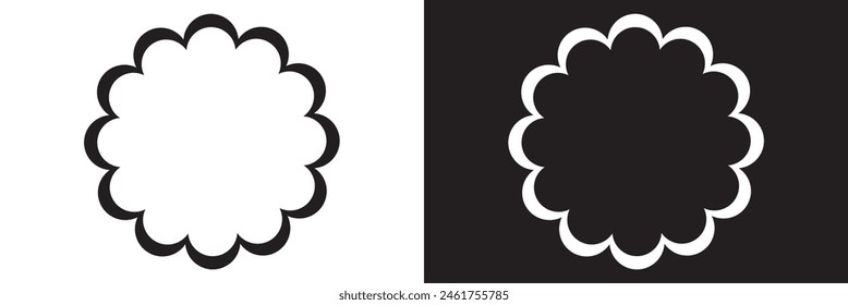 Circle scalloped frames. Scalloped edge rectangle and ellipse shapes. Simple label and sticker form. Flower silhouette lace frame. Vector illustration isolated on white and black background. EPS 10