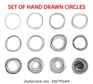 Circle scribble line sketch set hand drawn. Pencil, pen graffiti bubble, ball draft illustration. Vector illustration circular scribble doodle, round circles on white background.