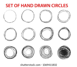 Circle scribble line sketch set hand drawn. Pencil, pen, grunge graffiti bubble, ball draft illustration. Vector illustration circular scribble doodle, round circles on white background.