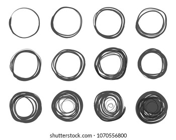Circle scribble line sketch set hand drawn. Pencil, pen graffiti bubble, ball draft illustration. Vector illustration circular scribble doodle, round circles on white background.