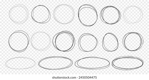 Circle scrible circular frame, fast mark, pencil line doodle frame. Ring, oval sketch highlight sphere on transparent background. 