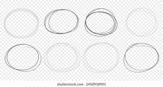 Circle scrible circular frame, fast mark, pencil line doodle frame. Ring, oval sketch highlight sphere on transparent background. 