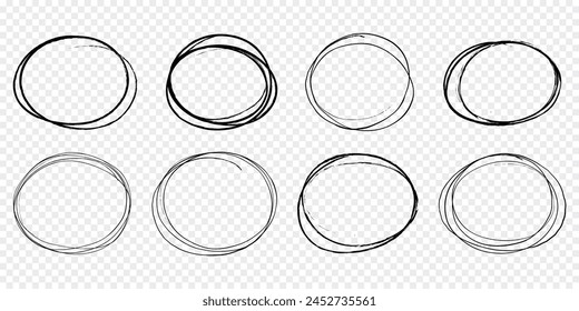 Circle scrible circular frame, fast mark, pencil line doodle frame. Ring, oval sketch highlight sphere on transparent background. 