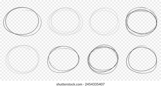 Circle scrible circular frame, fast mark, pencil line doodle frame. Ring, oval sketch highlight sphere on transparent background. 