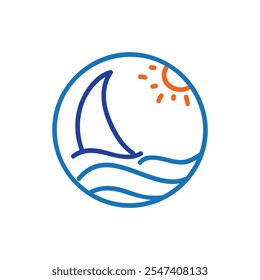 Circle with sea, sailing boat, sun logo 