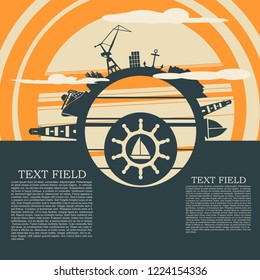 Circle with sea shipping and travel relative silhouettes. Objects located around the circle. Field for text. Modern brochure, report or leaflet design template.