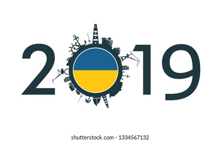 Circle with sea shipping and travel relative silhouettes. Objects located around the circle. Industrial design background. 2019 year number. Flag of the Ukraine