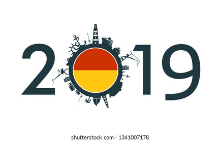 Circle with sea shipping and travel relative silhouettes. Objects located around the circle. Industrial design background. 2019 year number. Flag of the Ostend