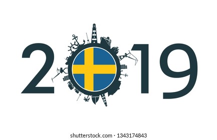 Circle with sea shipping and travel relative silhouettes. Objects located around the circle. Industrial design background. 2019 year number. Flag of the Sweden