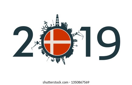Circle with sea shipping and travel relative silhouettes. Objects located around the circle. Industrial design background. 2019 year number. Flag of the Denmark