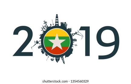 Circle with sea shipping and travel relative silhouettes. Objects located around the circle. Industrial design background. 2019 year number. Flag of the Myanmar